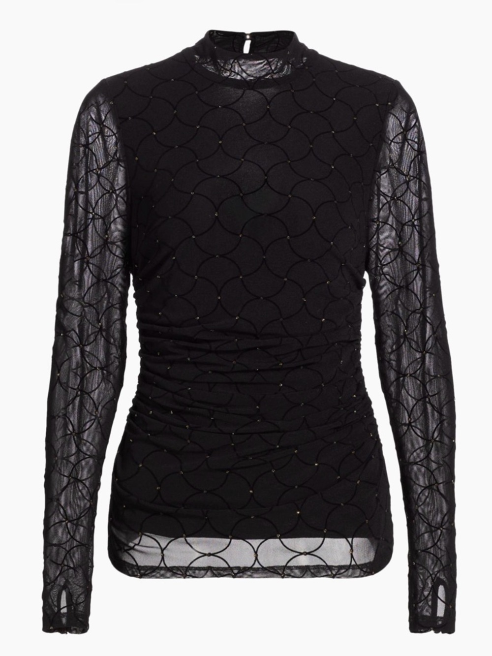 Ramy Brook Black Sheer Long-Sleeve Ruched Top